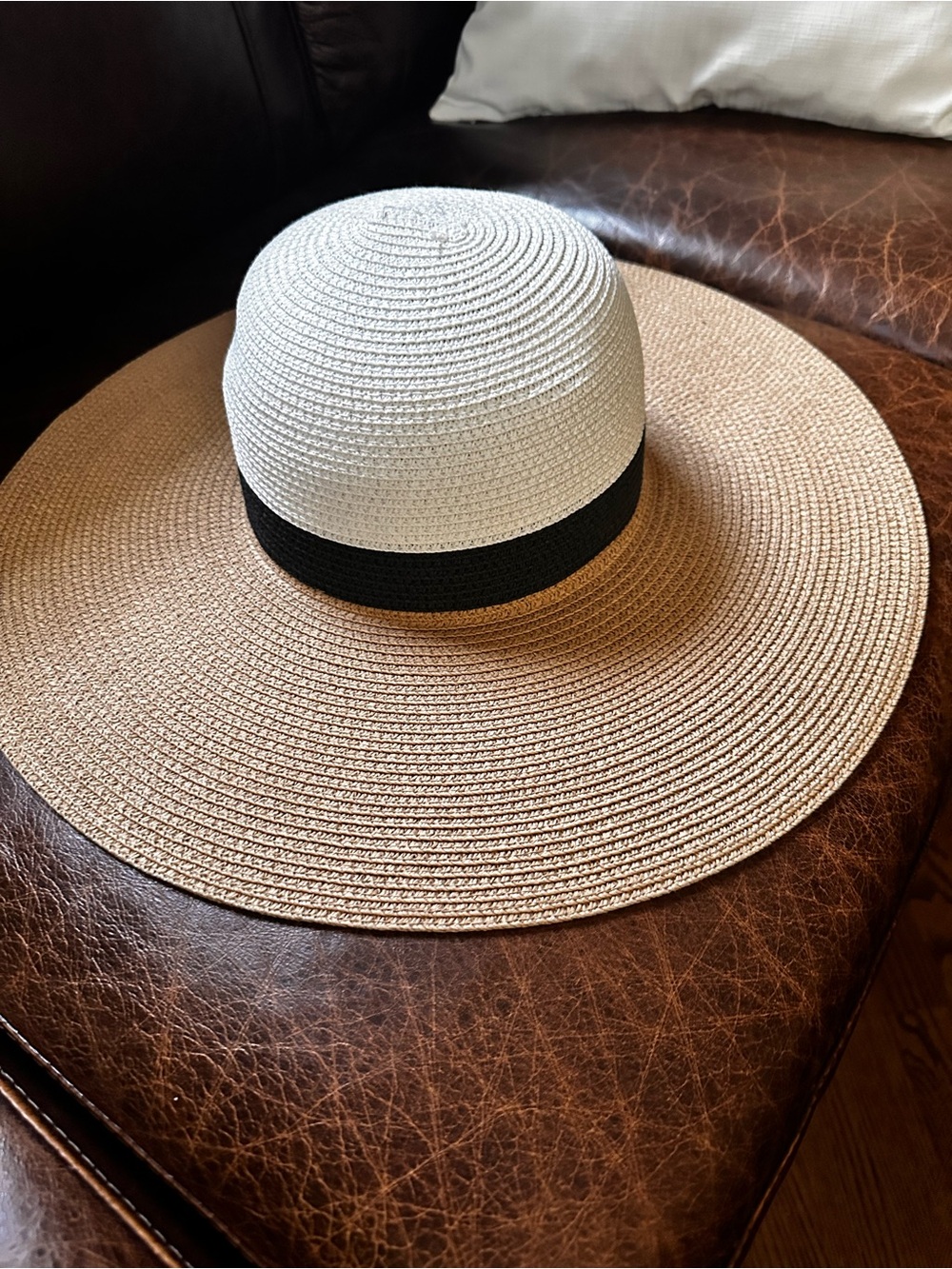 Straw hat Two-Tone Wide Brim Sun White Crown & Tan Brim with Black Band